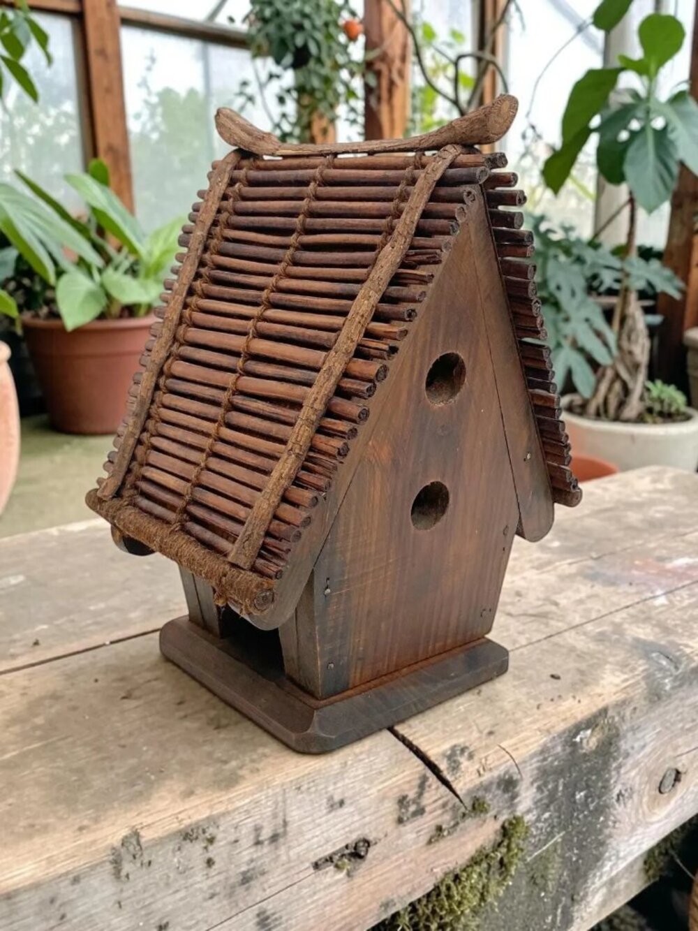 Large Rustic Wooden Birdhouse – Natural Twig Roof Garden Decor | Fairy Garden